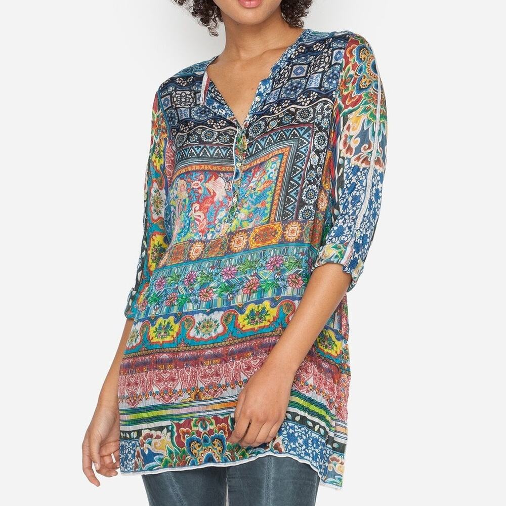 Johnny Was 100% Silk Boho Patchwork Print Roll Tab Sleeves Womens Plus Size 1X